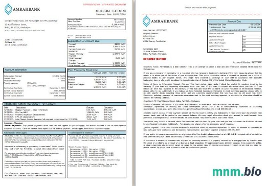 Azerbejdżan Bank Amrahbank wyciąg z kredytu hipotecznego, 3 strony, 1-2